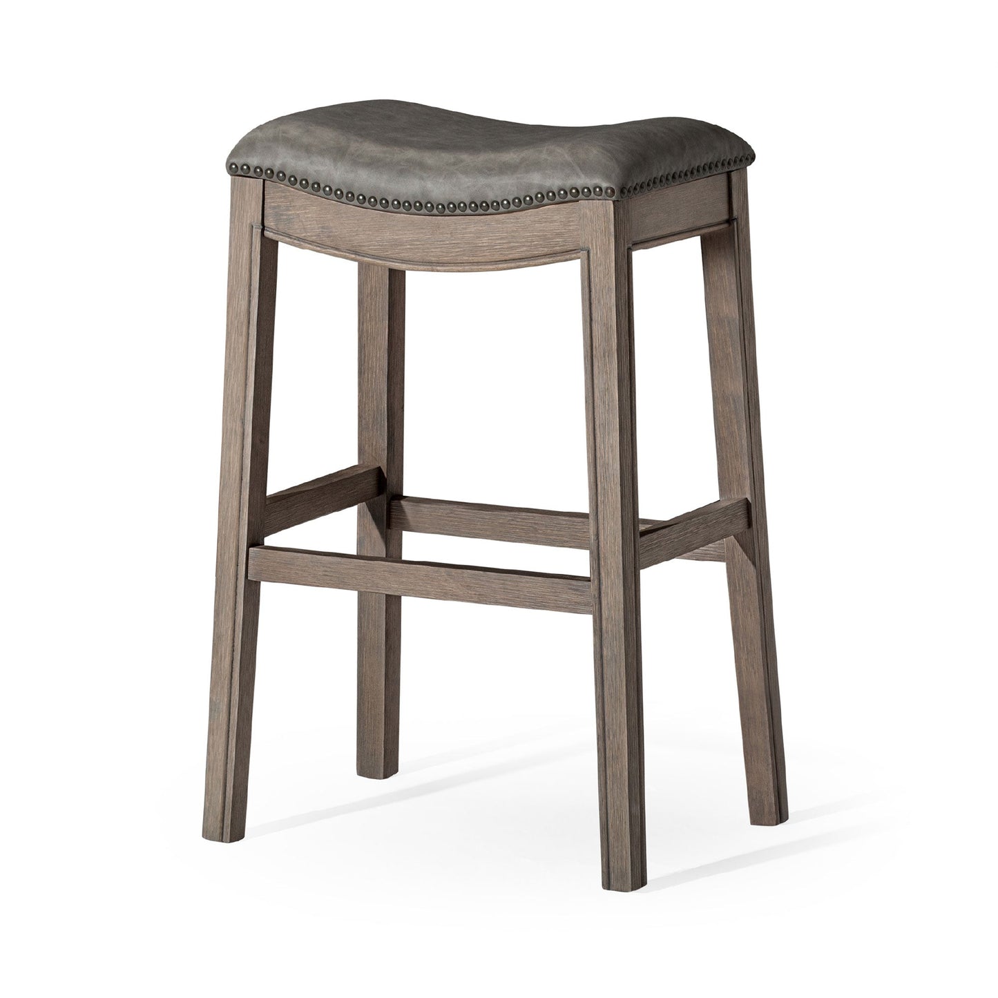Maven Lane Adrien Saddle Barstool in Reclaimed Oak Finish w/ Ronan Stone Vegan Leather