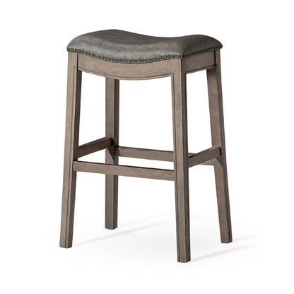 Maven Lane Adrien Saddle Barstool in Reclaimed Oak Finish w/ Ronan Stone Vegan Leather