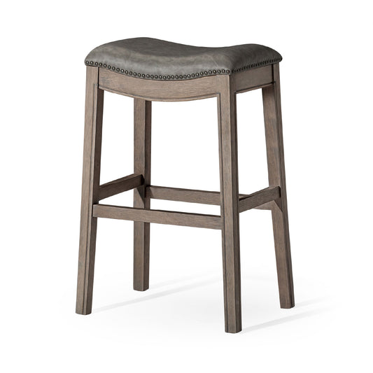 Maven Lane Adrien Saddle Barstool in Reclaimed Oak Finish w/ Ronan Stone Vegan Leather