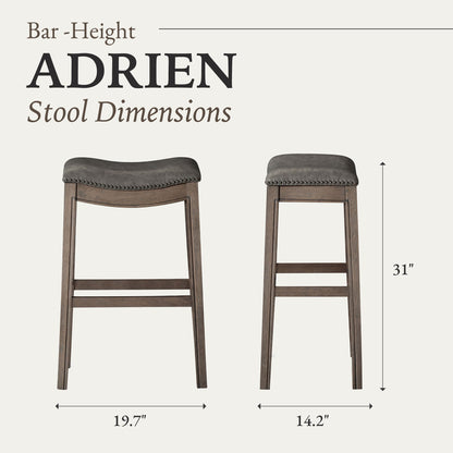 Maven Lane Adrien Saddle Barstool in Reclaimed Oak Finish w/ Ronan Stone Vegan Leather