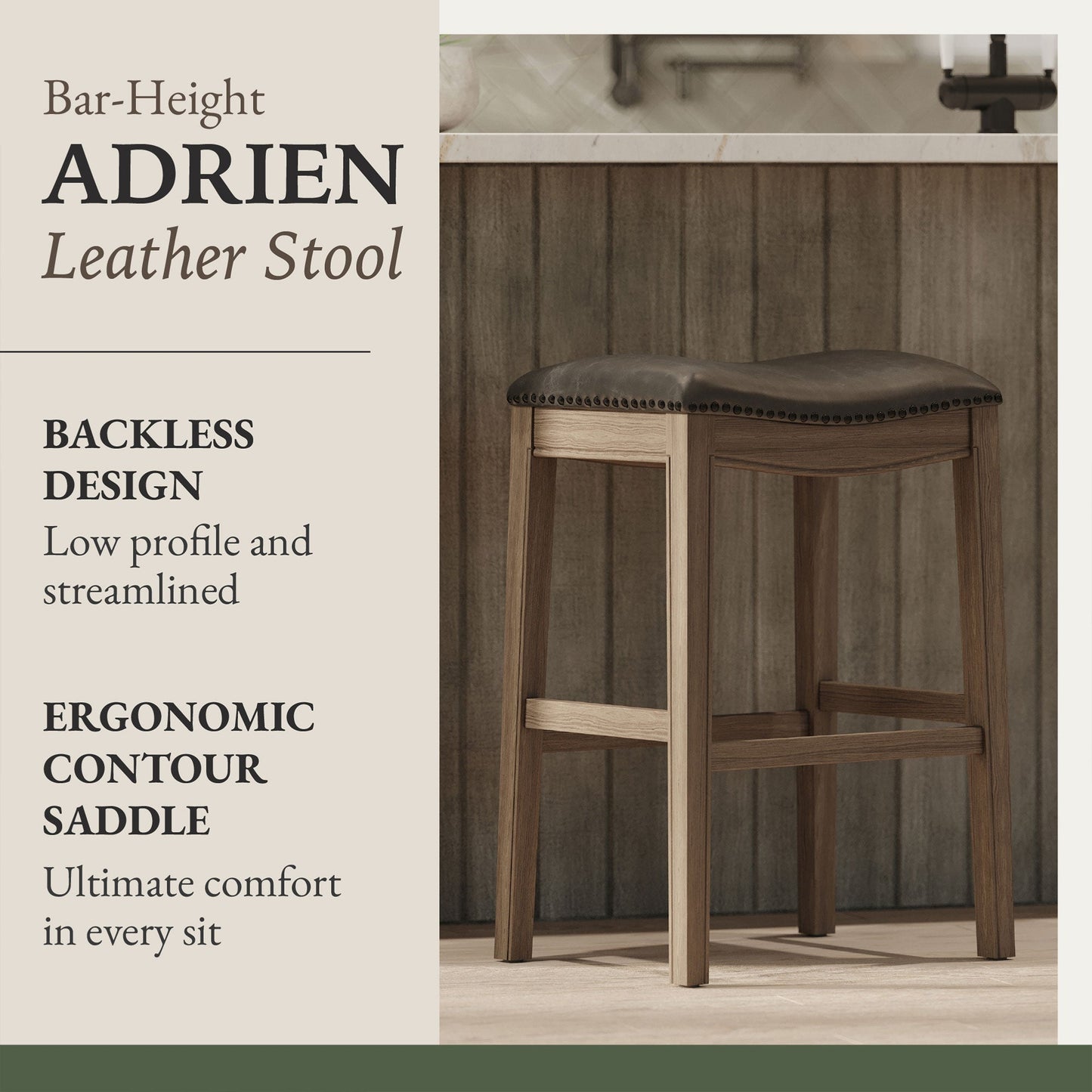 Maven Lane Adrien Saddle Barstool in Reclaimed Oak Finish w/ Ronan Stone Vegan Leather