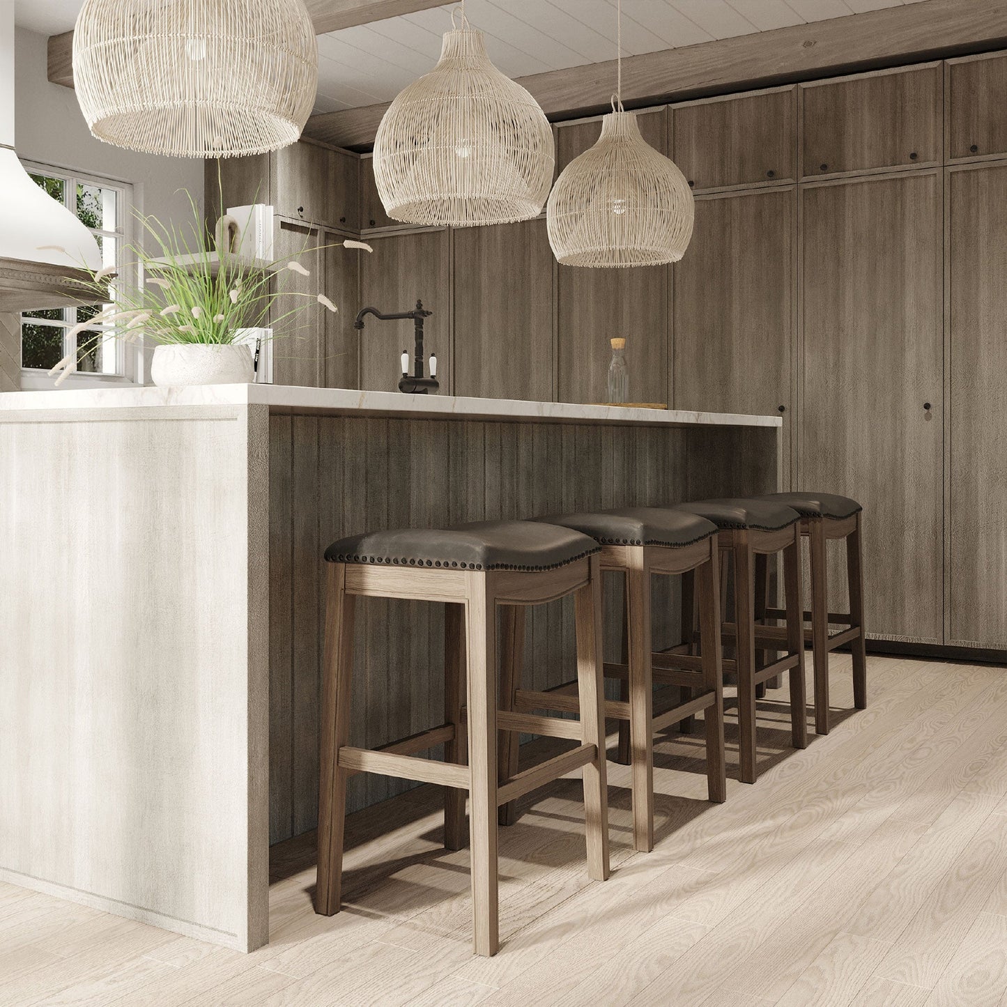 Maven Lane Adrien Saddle Barstool in Reclaimed Oak Finish w/ Ronan Stone Vegan Leather