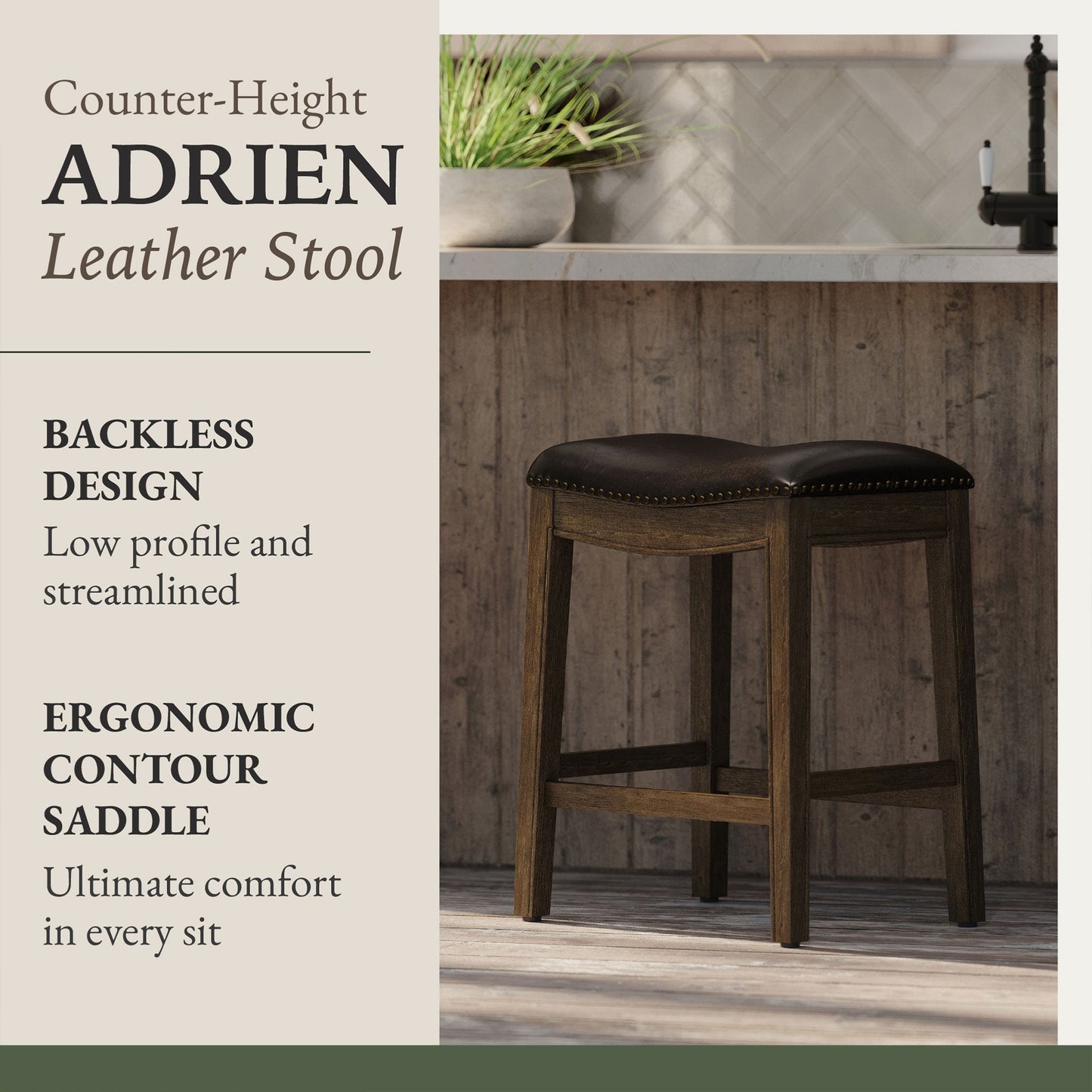Maven Lane Adrien Saddle Counter Stool in Walnut Finish w/ Marksman Saddle Vegan Leather