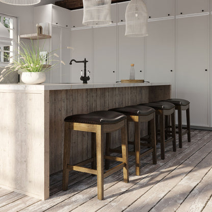 Maven Lane Adrien Saddle Counter Stool in Walnut Finish w/ Marksman Saddle Vegan Leather