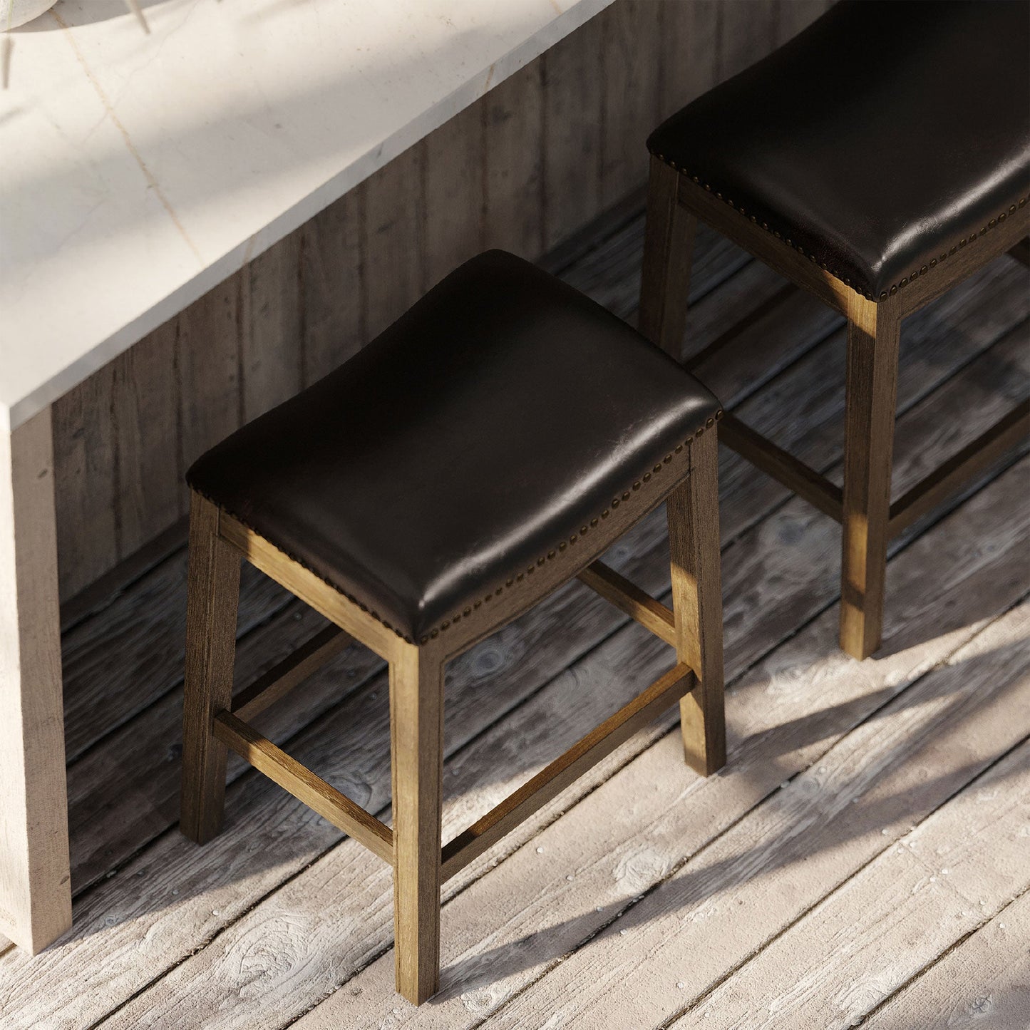 Maven Lane Adrien Saddle Counter Stool in Walnut Finish w/ Marksman Saddle Vegan Leather