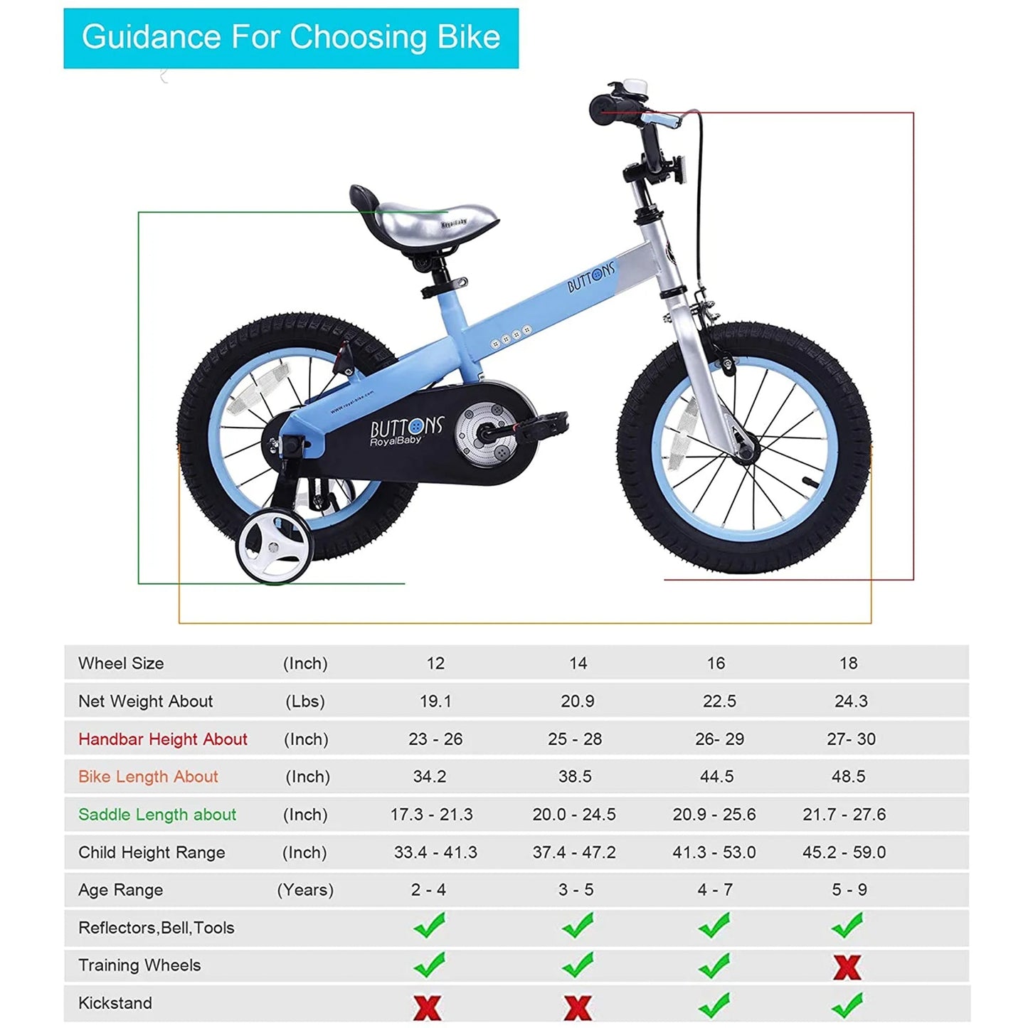 RoyalBaby Buttons 16'' Kids Bike with Kickstand & Training Wheels, Matte Blue