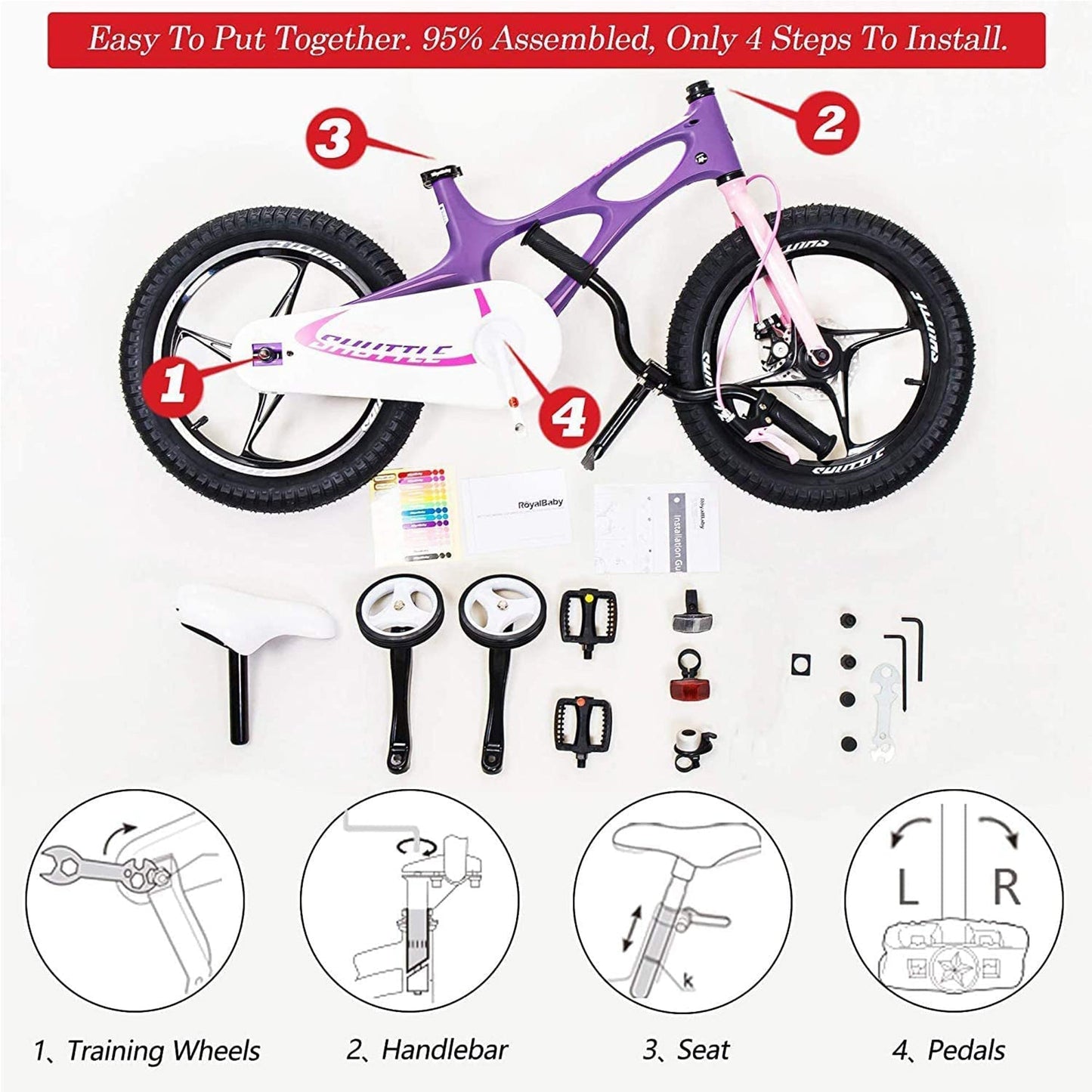 RoyalBaby Space Shuttle 14" Magnesium Alloy Kids Bike w/ Training Wheels, Purple
