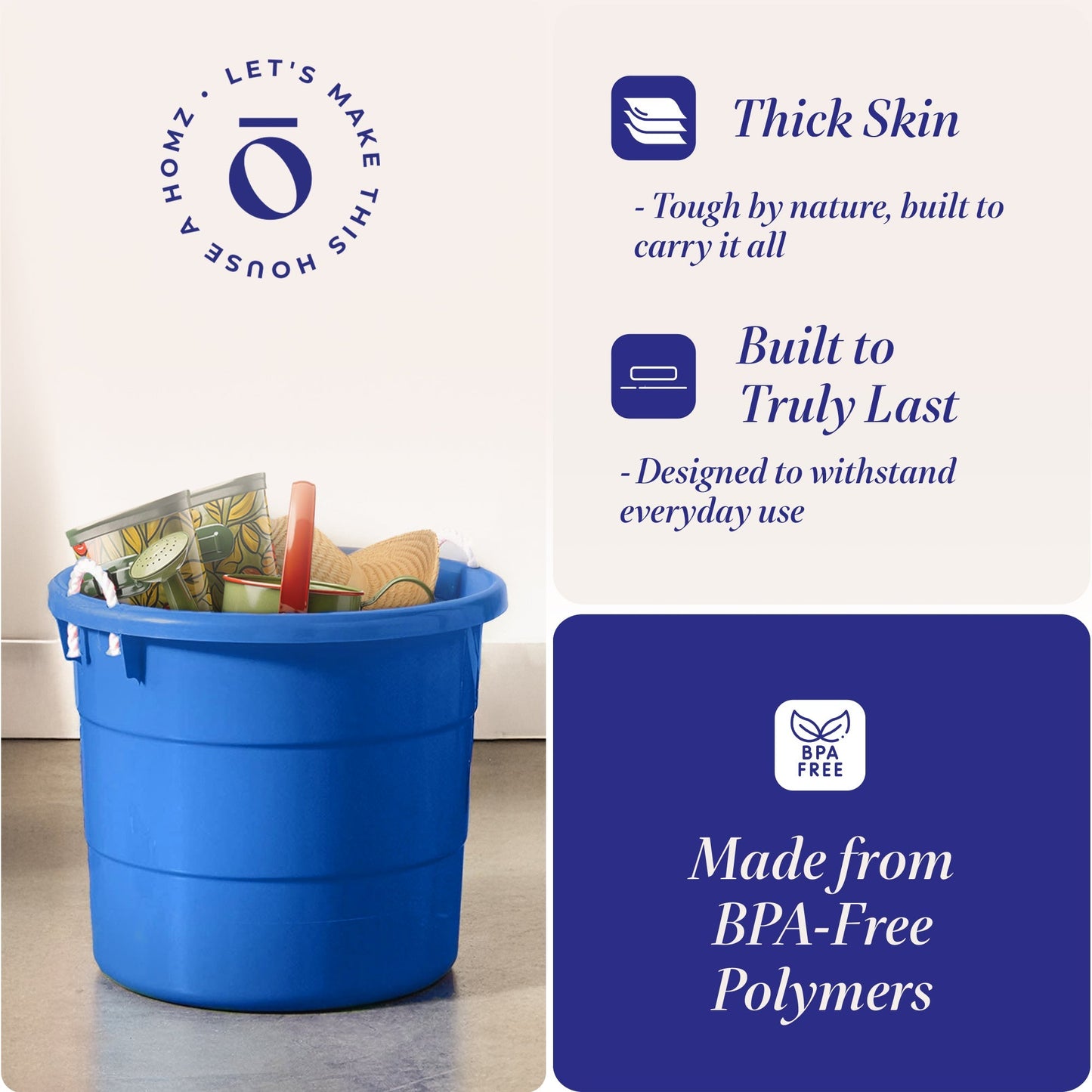 Homz 18 Gal Plastic Open Storage Round Utility Tub with Handles, Blue (3 Pack)