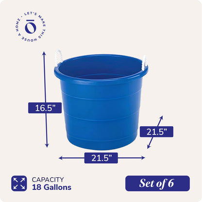 Homz 18 Gal Plastic Open Storage Round Utility Tub with Handles, Blue (3 Pack)