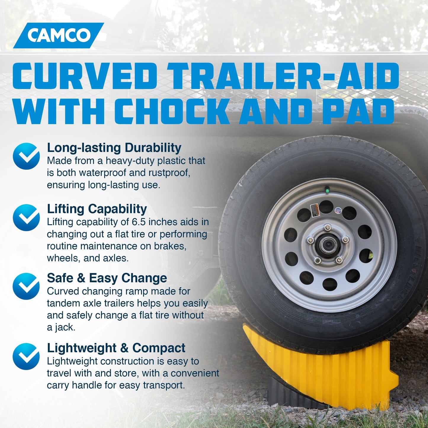 Camco Curved Trailer Aid with Chock & Pad, 6.5" Lift for Tandem Trailer, Yellow - Find Fresh Goods