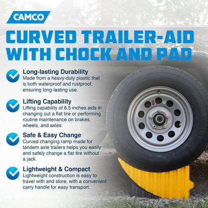 Camco Curved Trailer Aid with Chock & Pad, 6.5" Lift for Tandem Trailer, Yellow - Find Fresh Goods