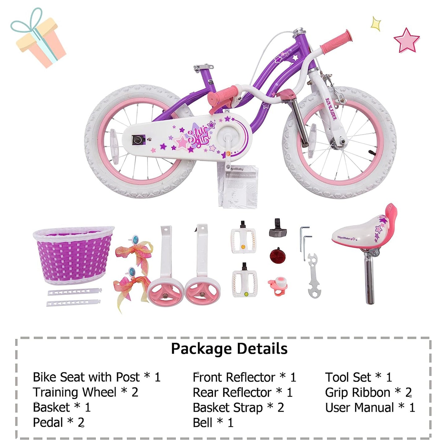 RoyalBaby Stargirl 16" Kids Bicycle with Kickstand and Training Wheels, Purple
