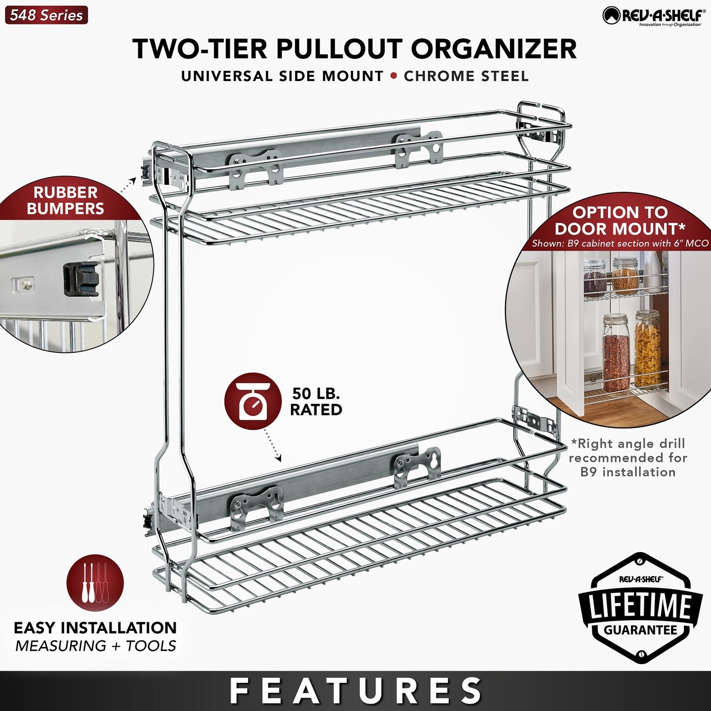 Rev-A-Shelf 18" Pullout Side Mount Two-Tier Kitchen Cabinet Organizer, 548-06CR-1
