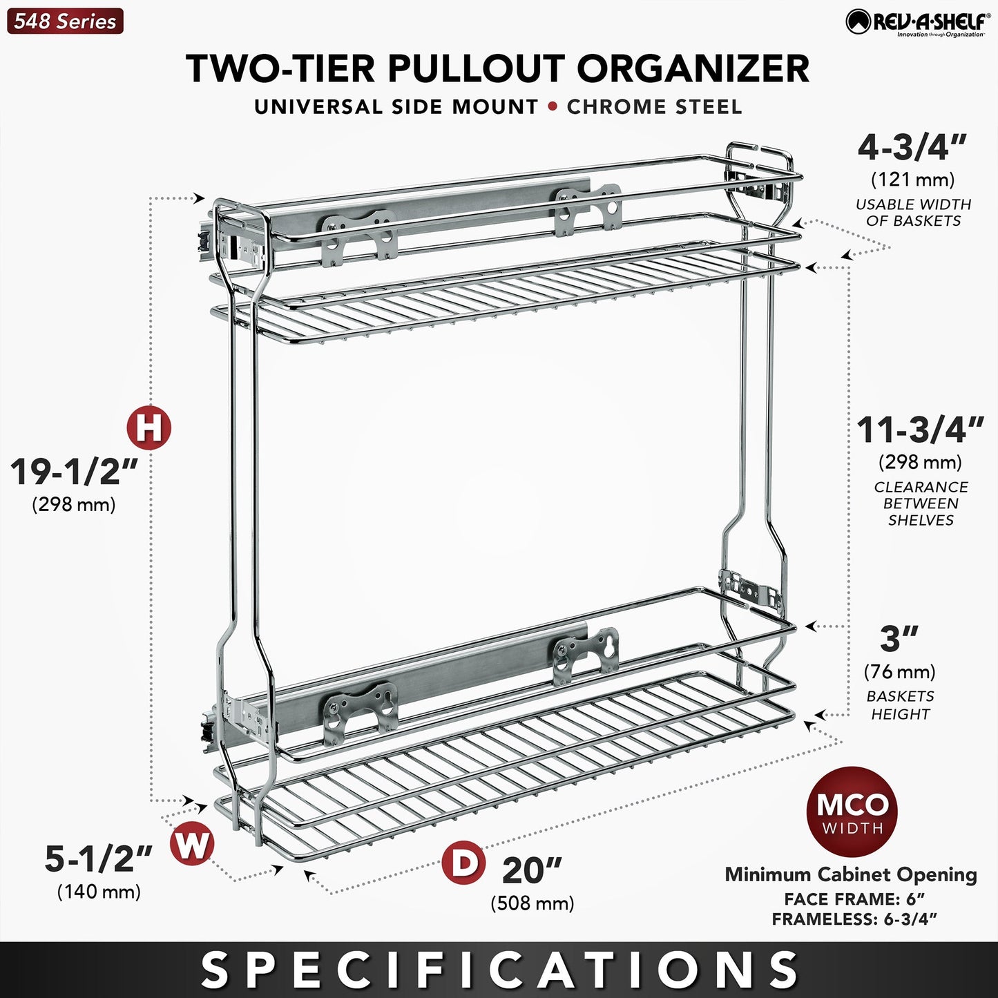 Rev-A-Shelf 18" Pullout Side Mount Two-Tier Kitchen Cabinet Organizer, 548-06CR-1
