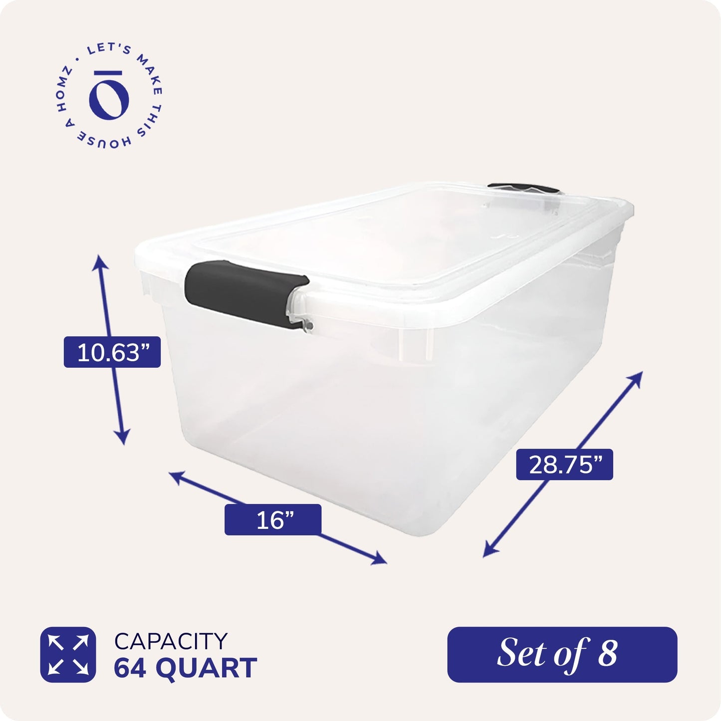 Homz 64 Qt Multipurpose Stackable Storage Bin with Latching Lids, Clear (8 Pack)