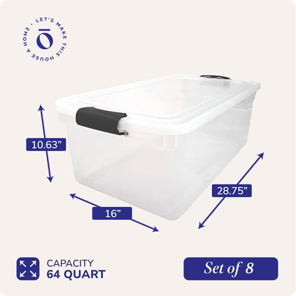 Homz 64 Qt Multipurpose Stackable Storage Bin with Latching Lids, Clear (8 Pack)