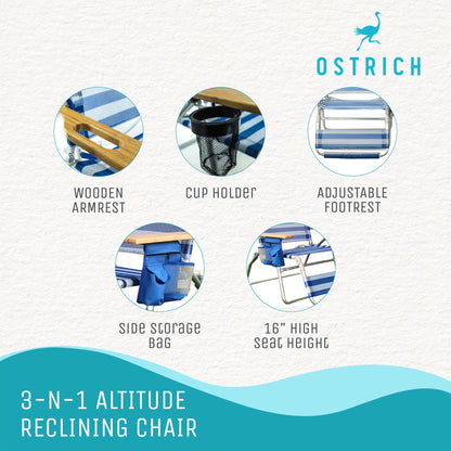 Ostrich 3N1 Altitude 16'' Recline Beach Chair & On Your Back Chair, Striped Blue