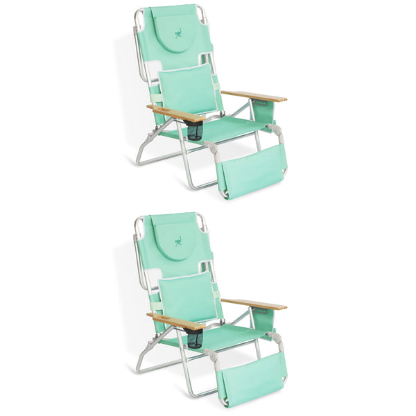 Ostrich Deluxe Padded 3-N-1 Outdoor Folding Reclining Beach Chair, Teal (2 Pack)