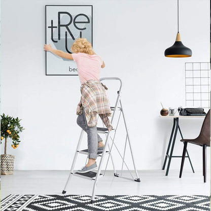 Delxo Alloy Steel Folding 4 Step Stool Portable Ladder with Hand Grip, White