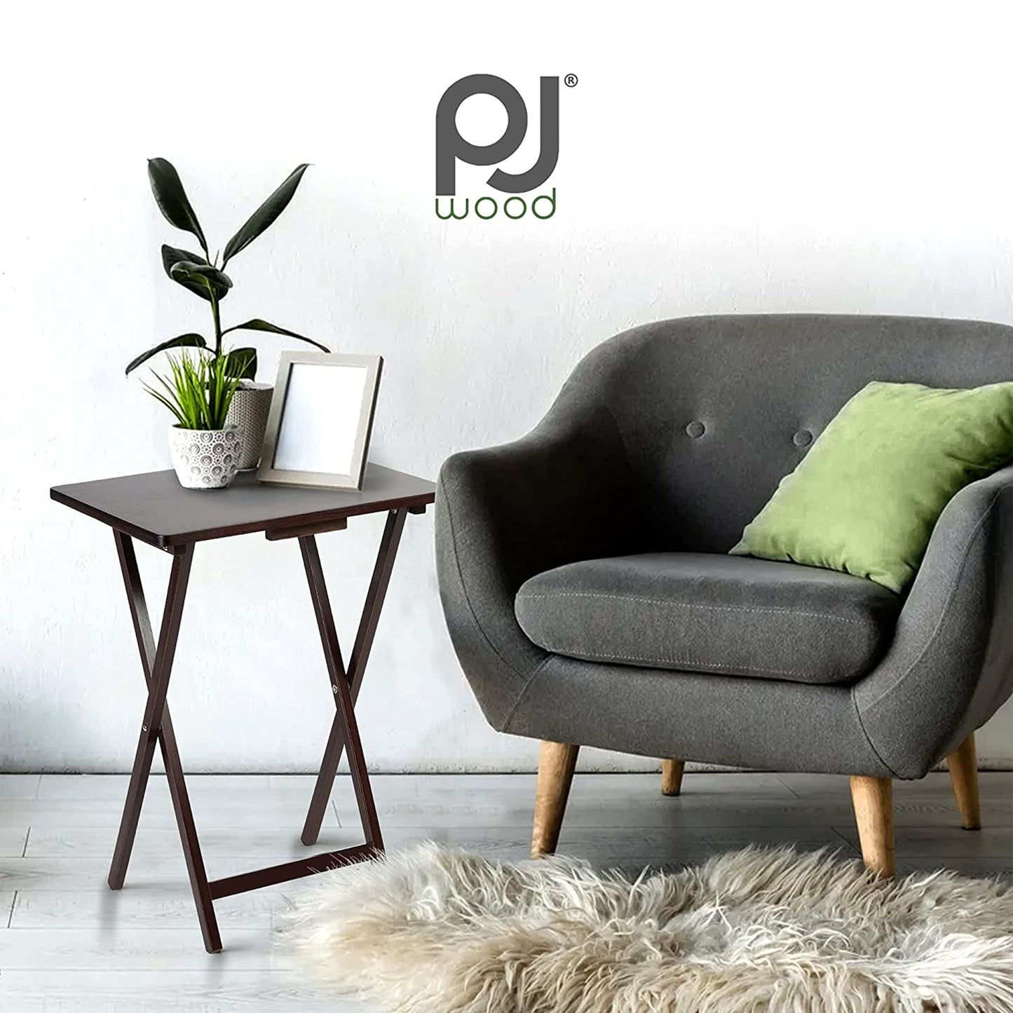 PJ Wood Folding Portable TV Snack Tray Table w/Compact Storage Rack, (Set of 7)