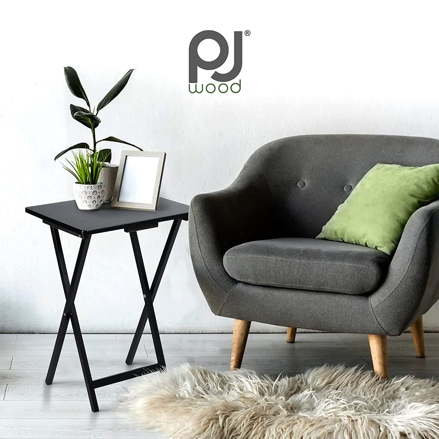 PJ Wood Portable Folding TV Snack Tray Table Desk Stand, Black (6 Piece Set)