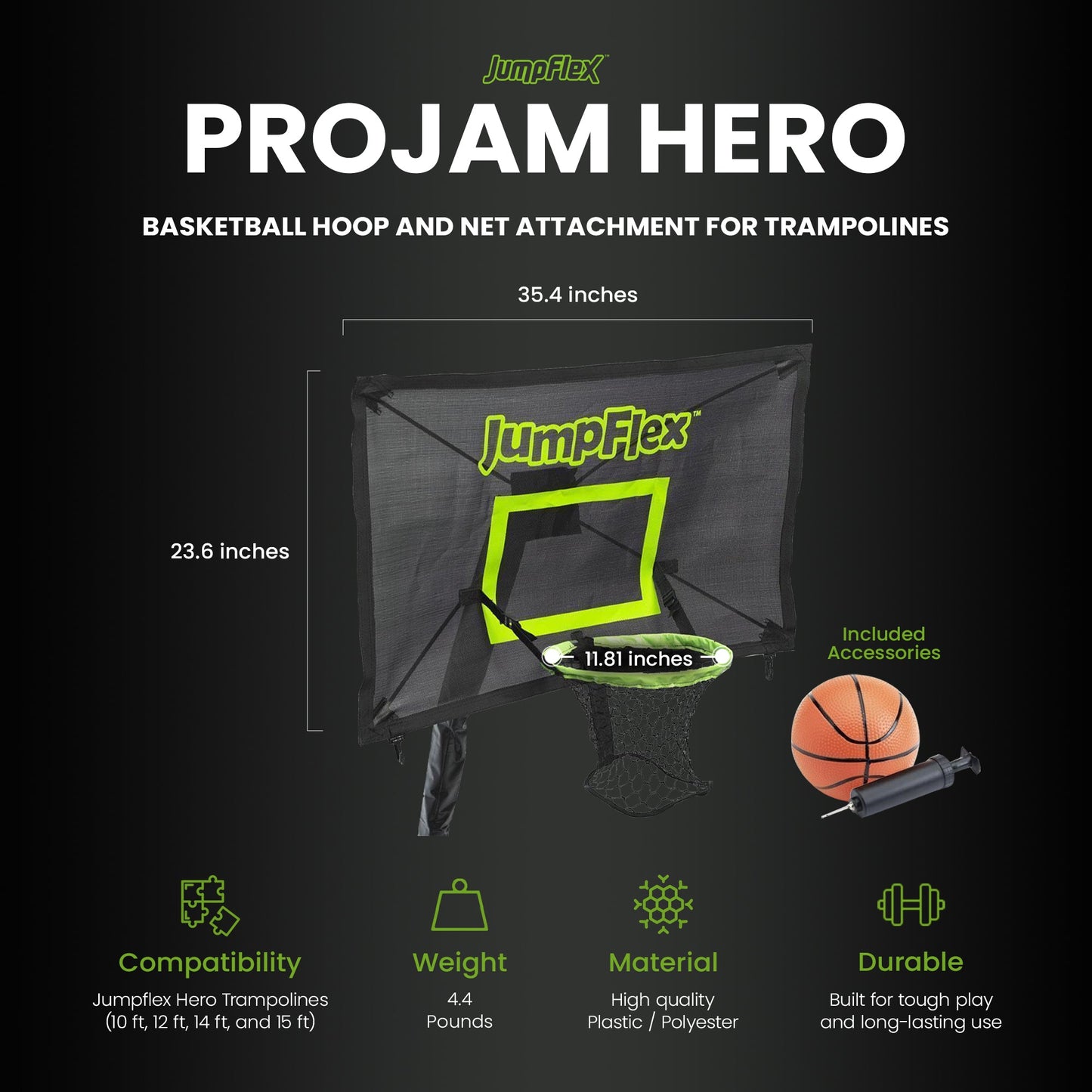 JumpFlex PROJAM Basketball Hoop and Net Attachment for JumpFlex HERO Trampolines