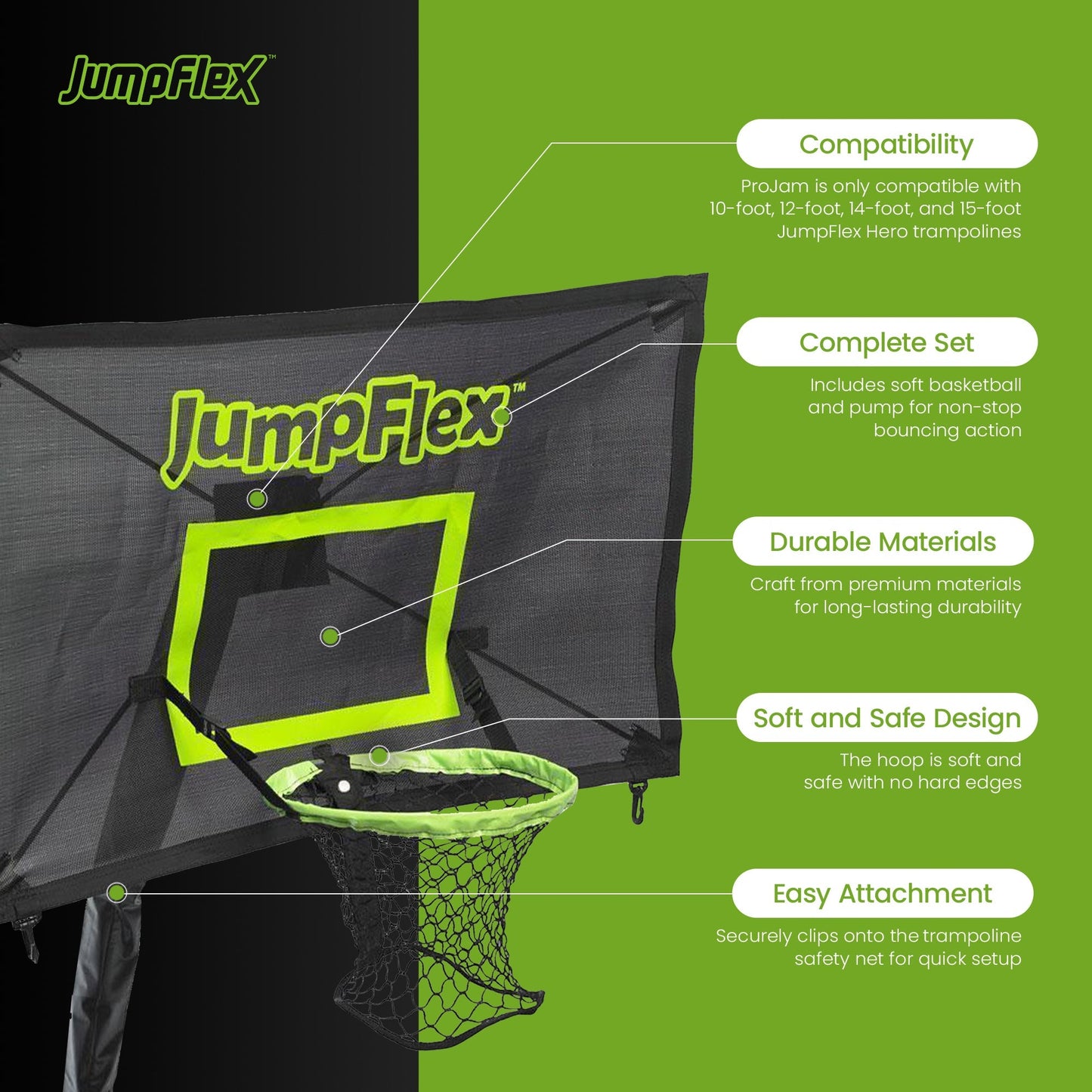 JumpFlex PROJAM Basketball Hoop and Net Attachment for JumpFlex HERO Trampolines