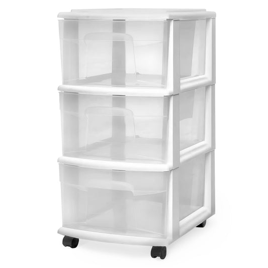Homz Plastic 3 Drawer Medium Storage Container Tower, Clear Drawers/White Frame