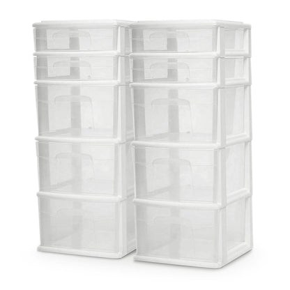Homz Clear Plastic 5 Drawer Home Storage Container Tower, White Frame (2 Pack)
