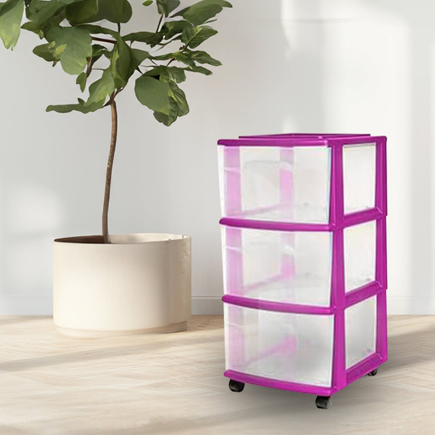 Homz Plastic 3 Drawer Medium Storage Container Tower, Clear Drawers/Purple Frame