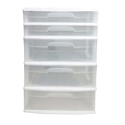 Homz Plastic 5 Drawer Storage Container Tower with Clear Drawers/White Frame
