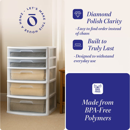 Homz Plastic 5 Drawer Storage Container Tower with Clear Drawers/White Frame