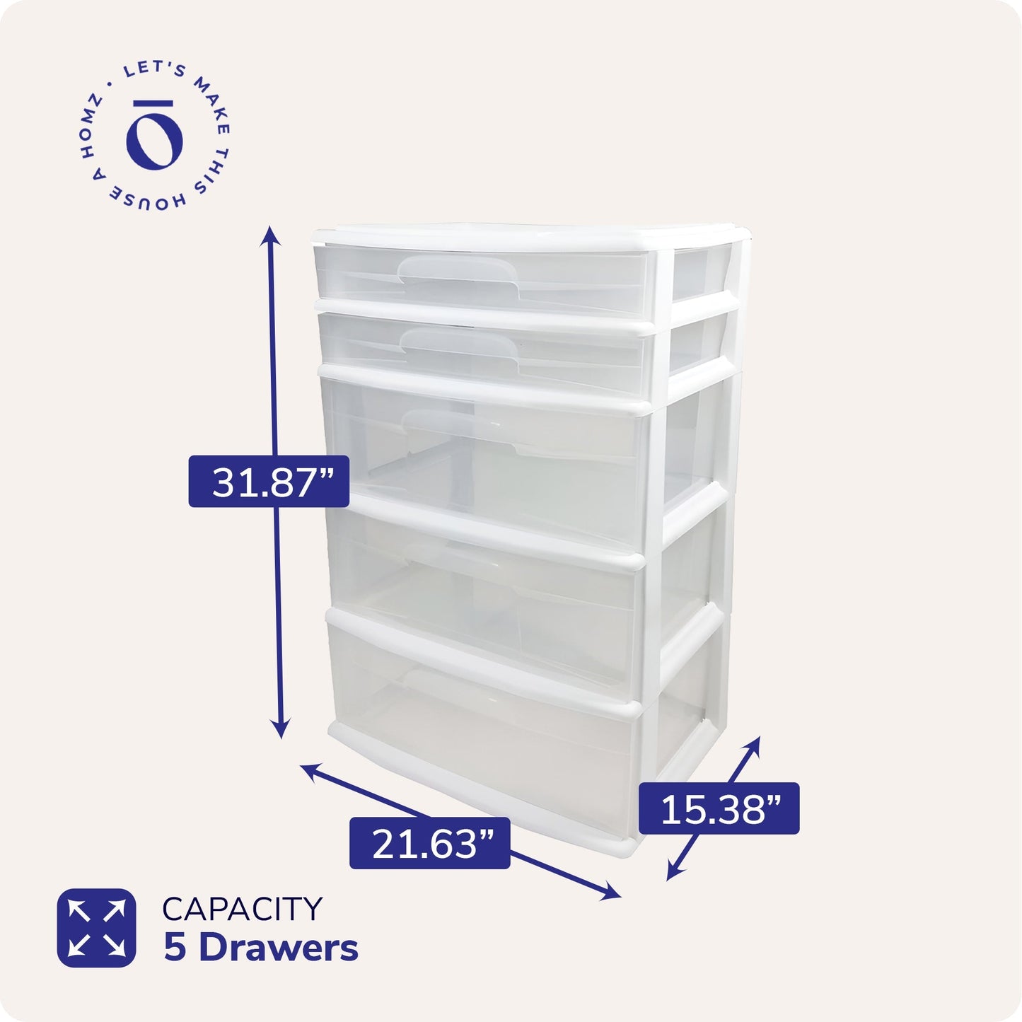 Homz Plastic 5 Drawer Storage Container Tower with Clear Drawers/White Frame