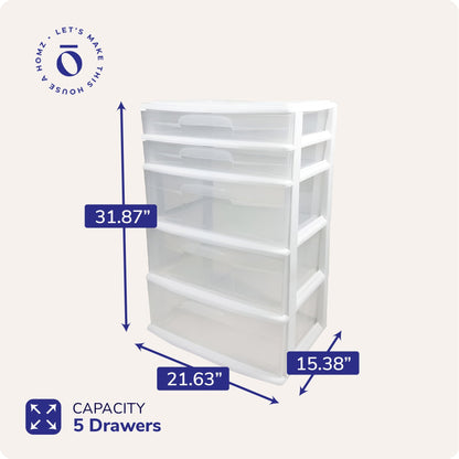 Homz Plastic 5 Drawer Storage Container Tower with Clear Drawers/White Frame
