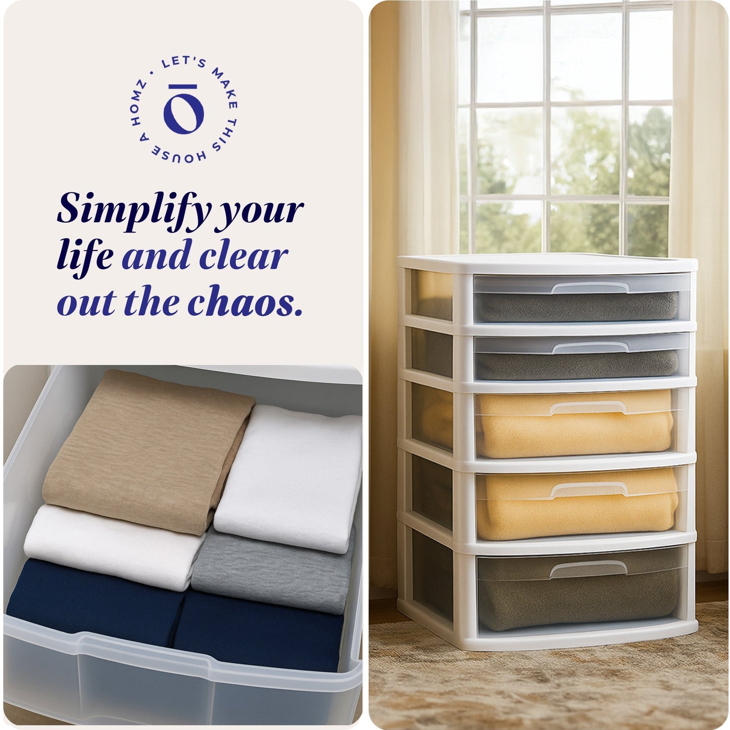 Homz Plastic 5 Drawer Storage Container Tower with Clear Drawers/White Frame