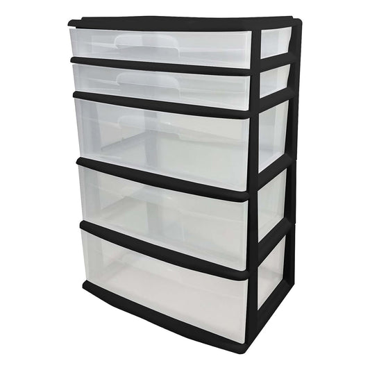 Homz Plastic 5 Drawer Storage Container Tower with Clear Drawers/Black Frame