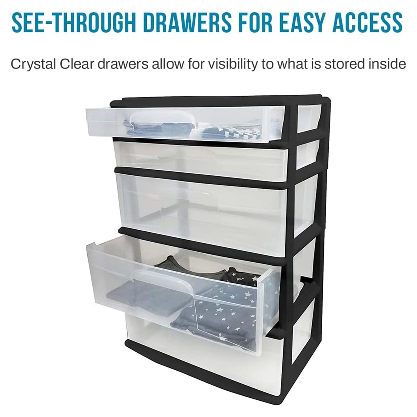 Homz Plastic 5 Drawer Storage Container Tower with Clear Drawers/Black Frame