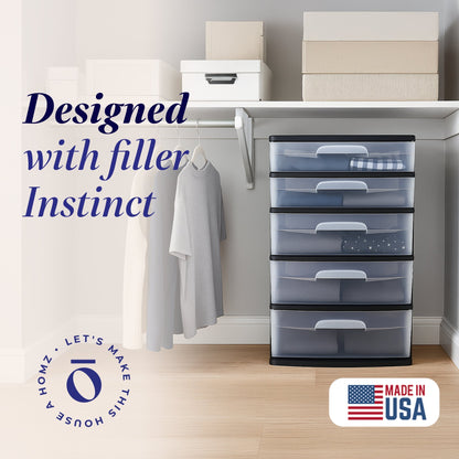 Homz Plastic 5 Drawer Storage Container Tower with Clear Drawers/Black Frame