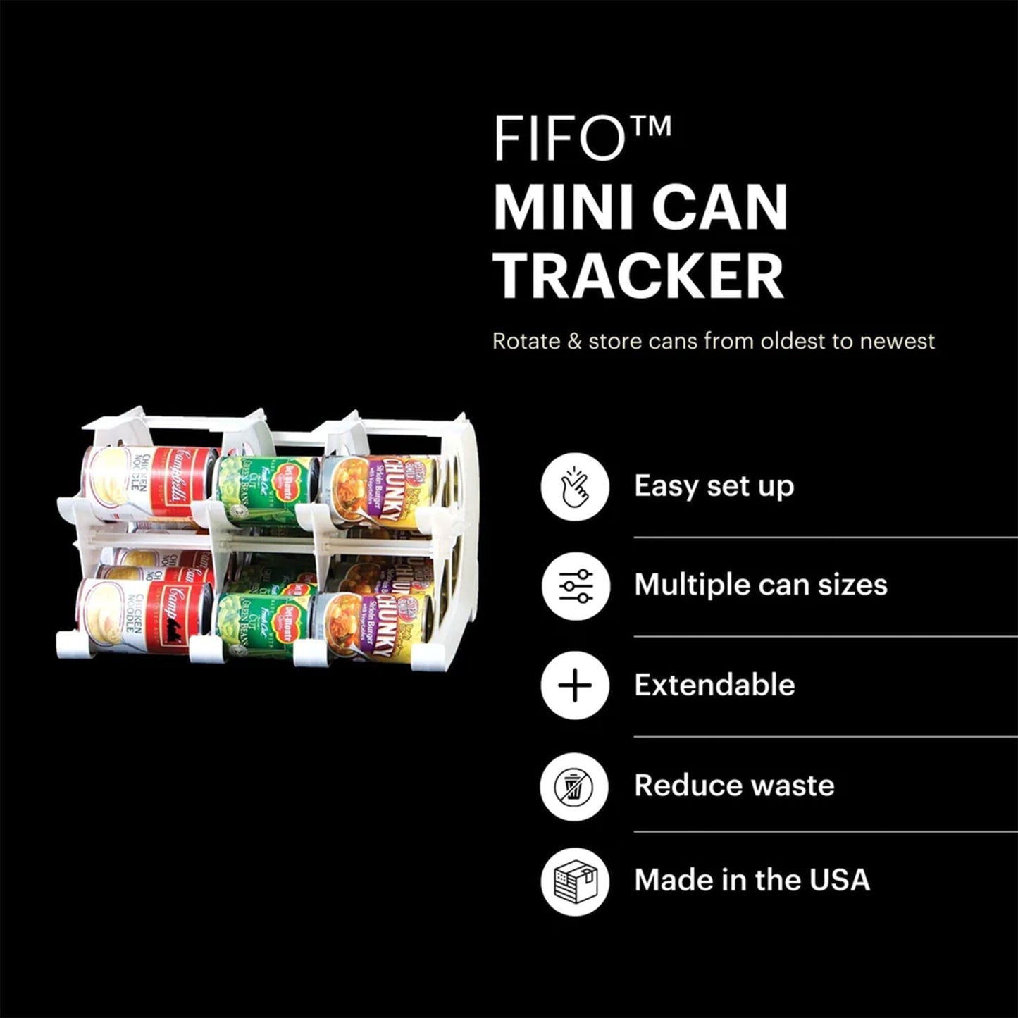 FIFO Countertop Mini Can Tracker Holds 30 10 to 24 Oz Can Sizes, USA Made, White