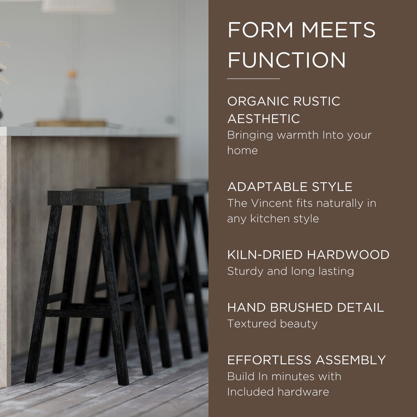 Maven Lane Vincent Wooden Rustic Aesthetic Kitchen Bar Stool, Set of 3