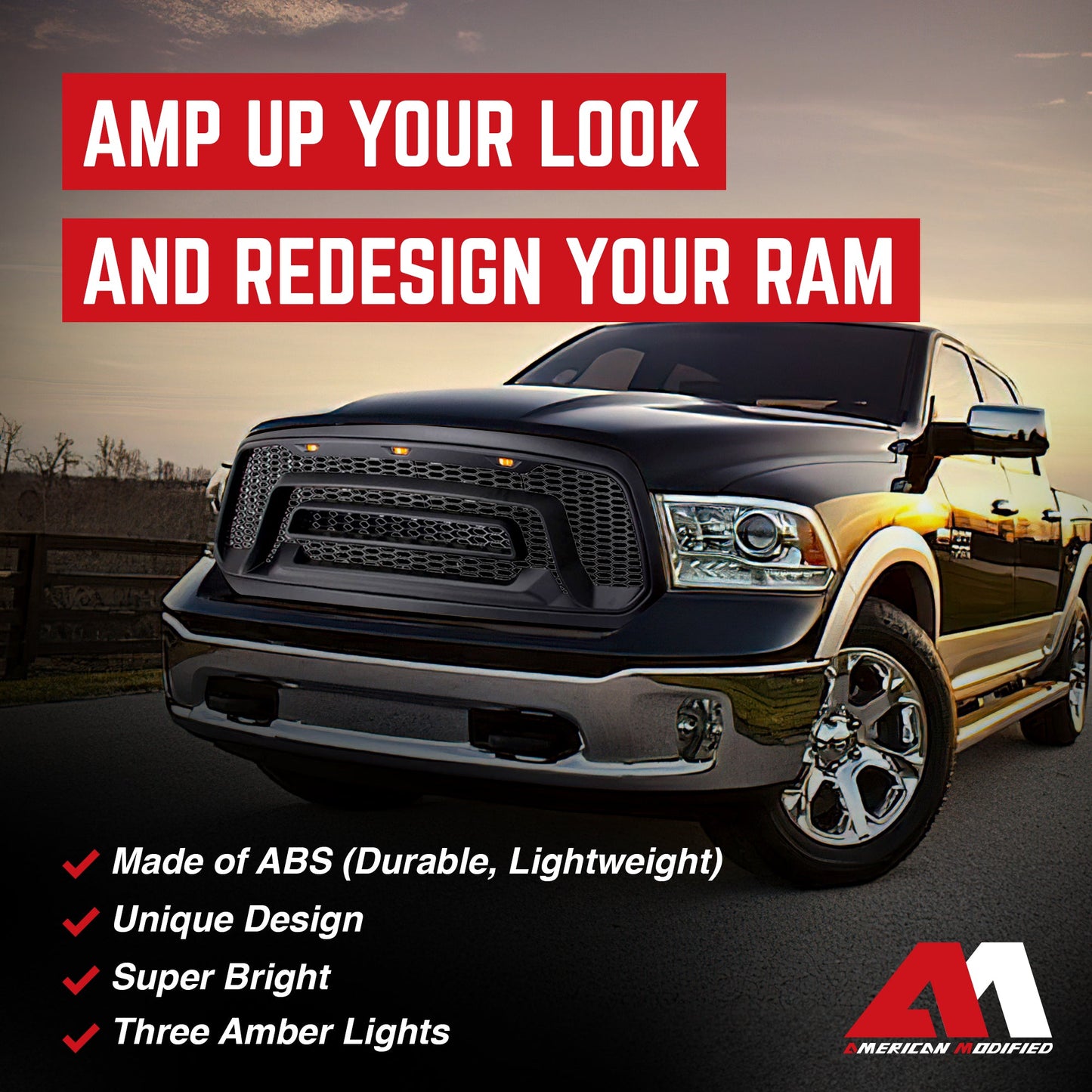 AMERICAN MODIFIED Rebel Grille with Amber Lights for 2013-2018 Dodge Ram 1500 - Find Fresh Goods