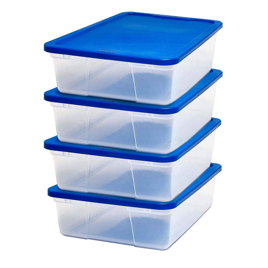 Homz 28 Qt Snaplock Clear Plastic Storage Container Bin with Lid, Blue (4 Pack)