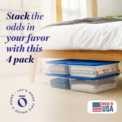 Homz 28 Qt Snaplock Clear Plastic Storage Container Bin with Lid, Blue (4 Pack)