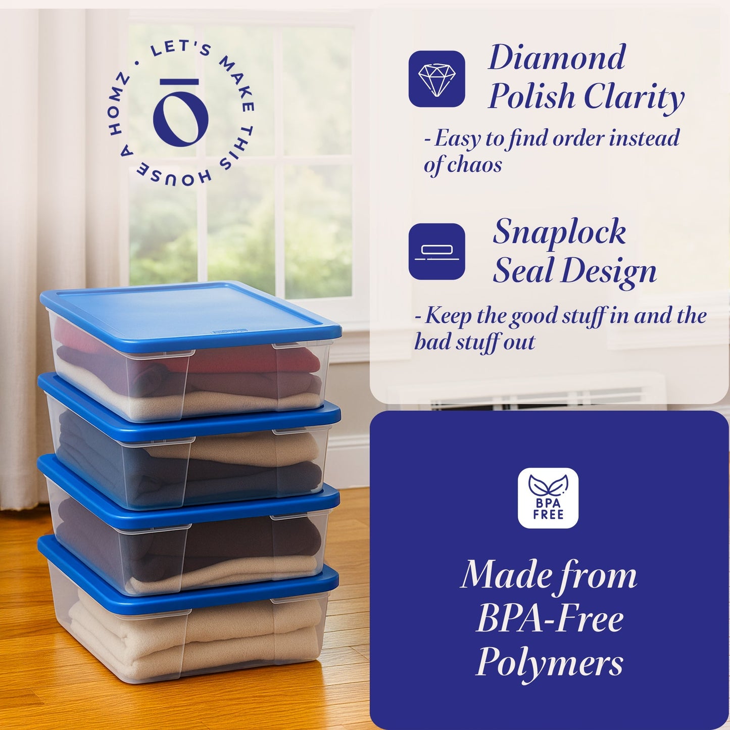 Homz 28 Qt Snaplock Clear Plastic Storage Container Bin with Lid, Blue (4 Pack)