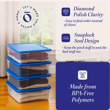 Homz 28 Qt Snaplock Clear Plastic Storage Container Bin with Lid, Blue (4 Pack)