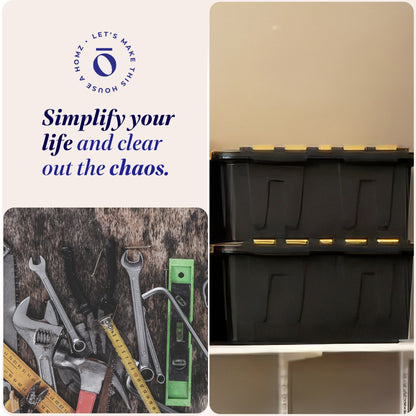 Homz 34 Gallon Durabilt Home Storage Container with Lid, Black/Yellow (4 Pack)