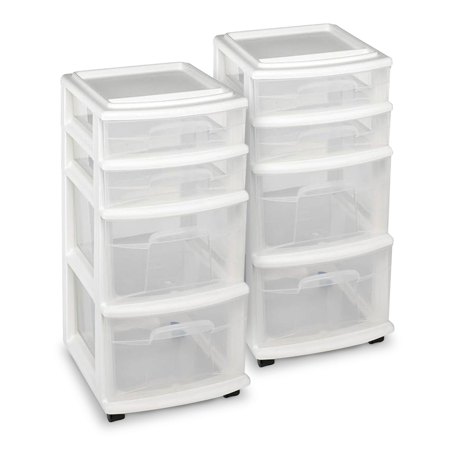 Homz Clear Plastic 4 Drawer Medium Storage Container Tower, White Frame (2 Pack)