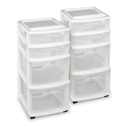 Homz Clear Plastic 4 Drawer Medium Storage Container Tower, White Frame (2 Pack)