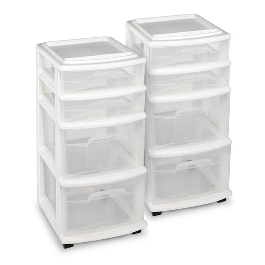 Homz Clear Plastic 4 Drawer Medium Storage Container Tower, White Frame (2 Pack)