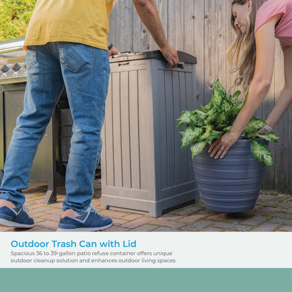 Suncast Trash Hideaway 39 Gallon Outdoor Trash Can Patio Waste Bin, Peppercorn